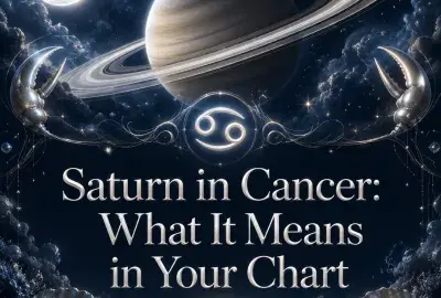 Saturn and the Cancer symbol above moonlit water with pearls and silver claws.
