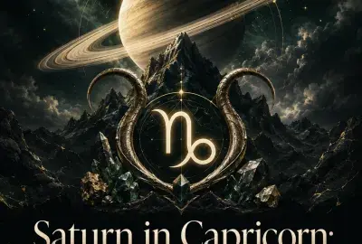 Saturn and the Capricorn symbol above dark mountain peaks and crystals.