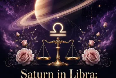 Saturn and the Libra symbol above golden scales framed by pale roses.