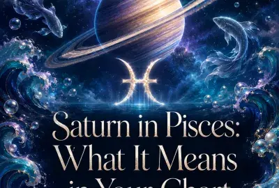 Saturn and the Pisces symbol surrounded by ocean waves and two fish.