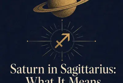 Gold Saturn and Sagittarius symbol on a deep indigo background.