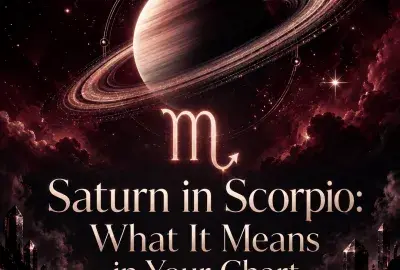 Saturn and the Scorpio symbol above dark water and obsidian crystals.