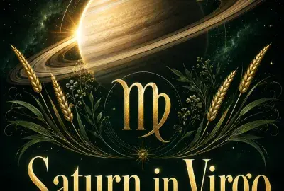 Saturn with the Virgo symbol and golden wheat against a deep green celestial sky.