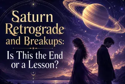 Saturn retrograde and breakups with a couple standing apart beneath Saturn in a violet night sky.
