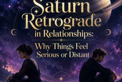 Saturn retrograde in relationships illustrated by Saturn above a serious, emotionally distant couple sitting apart under a celestial sky.