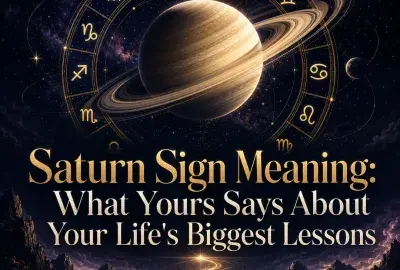 Saturn encircled by golden zodiac symbols above a glowing path through dark mountains.