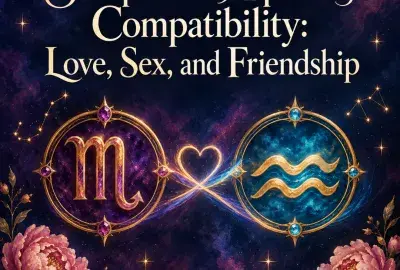 Scorpio and Aquarius symbols joined by a glowing heart