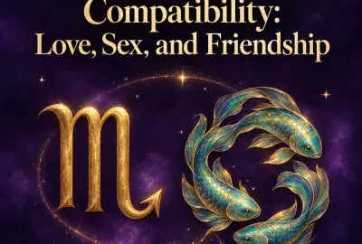 Gold Scorpio symbol beside two circling Pisces fish