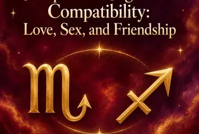 Gold Scorpio symbol beside the Sagittarius arrow on crimson