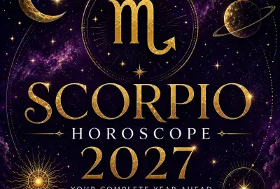 Gold Scorpio zodiac symbol with celestial details on a deep violet background with “Scorpio Horoscope 2027: Your Complete Year Ahead.”