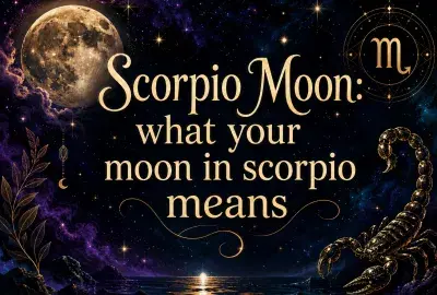 Celestial Scorpio Moon graphic with a glowing moon, stars, Scorpio symbol, and golden scorpion.