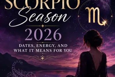 Scorpio Season 2026 astrology image with a celestial purple sky, Scorpio symbol, scorpion, crystals, and a reflective woman beside a moonlit lake.