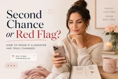 Woman looking at her phone while deciding between a second chance and a red flag after a ghoster reaches out again.