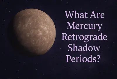 Planet Mercury against a violet starry background with light purple text reading 'What Are Mercury Retrograde Shadow Periods?'