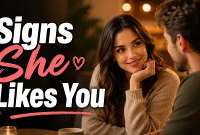 Smiling woman showing romantic interest while talking with a man in a cozy café.