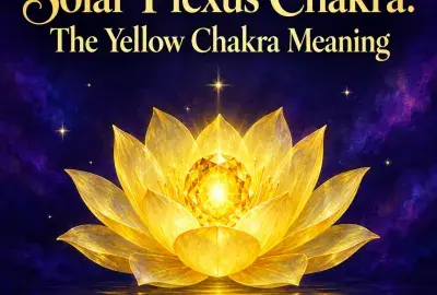 Glowing yellow lotus floating on water under a violet sky