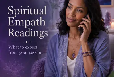 Woman on a phone call in a calm purple setting with candles and crystals, representing a spiritual empath reading