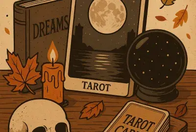 Autumn-themed mystical illustration featuring a tarot card with a full moon, a skull, crystal ball, candle, book titled "Dreams," and scattered fall leaves on a wooden surface.
