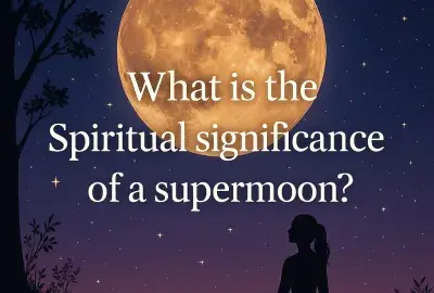 A glowing golden supermoon rises in a starry night sky, casting light over silhouetted trees and a meditating woman on a hill, symbolizing the mystical and spiritual significance of the supermoon