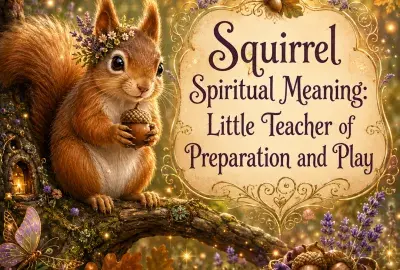 Squirrel spiritual meaning illustration showing a squirrel with an acorn as a symbol of preparation, resourcefulness, balance, and playfulness.