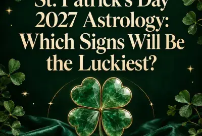 Emerald four leaf clover on green velvet under a crescent moon
