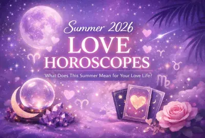 Violet feminine Summer 2026 love horoscope image with moon, tarot cards, zodiac symbols, and romantic celestial background