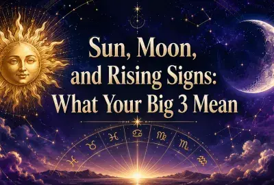 Celestial astrology image featuring the sun, moon, zodiac symbols, and the title about your Big 3 signs.