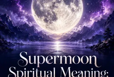 Enormous glowing supermoon above a mountain lake under a violet night sky.