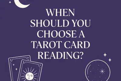 Mystical purple tarot card reading graphic with moon phases, stars, and a crystal ball, symbolizing psychic insight and spiritual guidance