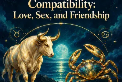Golden bull facing a jeweled crab under a full moon