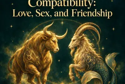 Golden bull facing a sea goat on a teal night sky