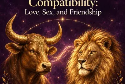 Golden bull and lion facing each other on a purple starry sky