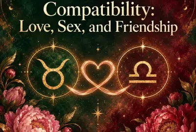 Taurus and Libra symbols joined by a glowing heart with peonies