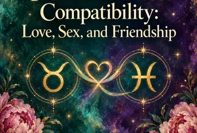 Taurus and Pisces symbols joined by a glowing heart with peonies