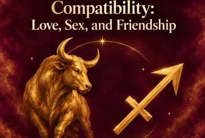 Golden bull beside the Sagittarius arrow on crimson