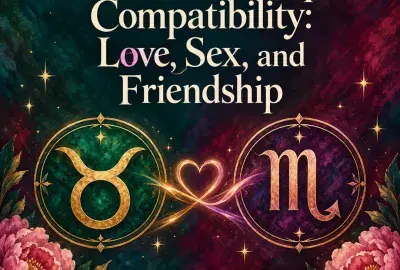 Taurus and Scorpio symbols joined by a glowing heart with peonies