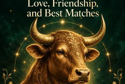 Golden bull with carved horns on a deep green starry sky