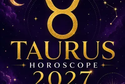 Gold Taurus zodiac symbol on a deep violet celestial background with “Taurus Horoscope 2027: Your Complete Year Ahead.”