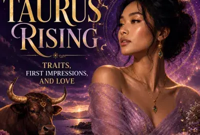 Celestial Taurus Rising image with a woman, a bull, flowers, crystals, and gold astrology details against a purple cosmic sky.