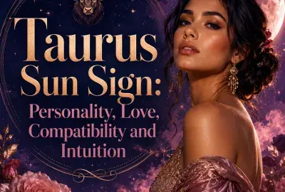 aurus Sun Sign astrology graphic featuring a woman, Taurus bull symbol, celestial stars, glowing moon, and pink flowers with the title Personality, Love, Compatibility and Intuition.