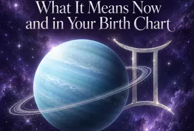 Pale-blue Uranus beside a silver Gemini symbol against a violet starry sky.