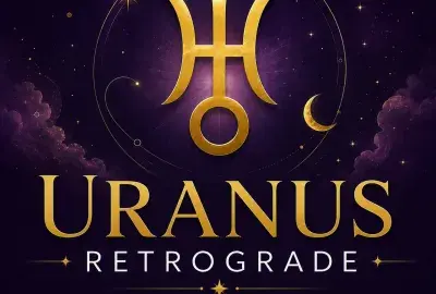 Gold Uranus symbol on a deep violet celestial background with “Uranus Retrograde: What It Means and the Dates to Know.”