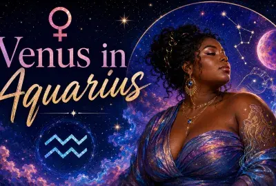 Celestial Venus in Aquarius graphic with a beautiful woman, Venus and Aquarius symbols, stars, purple clouds, and a glowing planet.