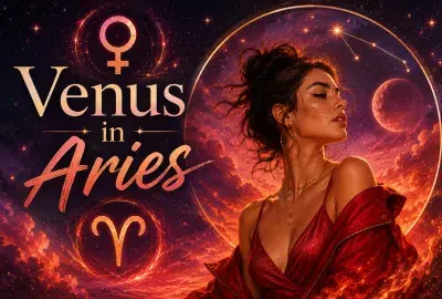 Celestial Venus in Aries graphic with a woman in red, Venus and Aries symbols, stars, fiery clouds, and a glowing planet.