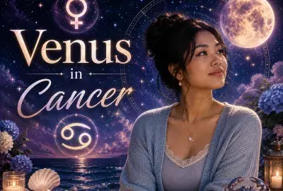 Celestial Venus in Cancer graphic with a beautiful woman, Venus and Cancer symbols, glowing moon, ocean, crab, flowers, and candles.