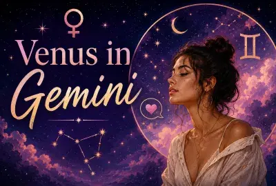 Celestial Venus in Gemini graphic with a woman, Venus and Gemini symbols, stars, pink clouds, and a purple night sky.