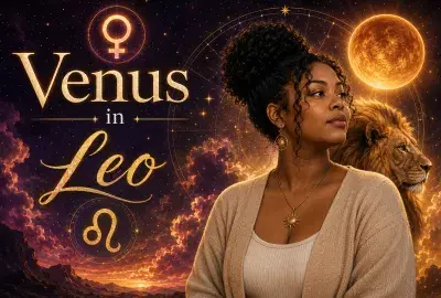 Celestial Venus in Leo graphic with a beautiful woman, Venus and Leo symbols, golden lion, stars, and glowing planets.