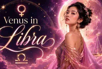 Celestial Venus in Libra graphic with an Asian woman, Venus and Libra symbols, glowing scales, stars, pink clouds, and a radiant moon.