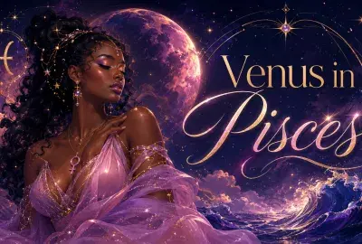 Celestial Venus in Pisces graphic with a beautiful woman, Pisces symbol, glowing planet, stars, purple clouds, and ocean waves.
