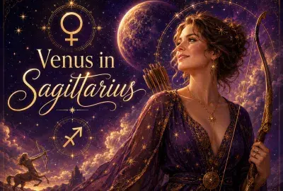 Celestial Venus in Sagittarius graphic with a woman holding a bow, Venus and Sagittarius symbols, stars, purple clouds, and a glowing planet.